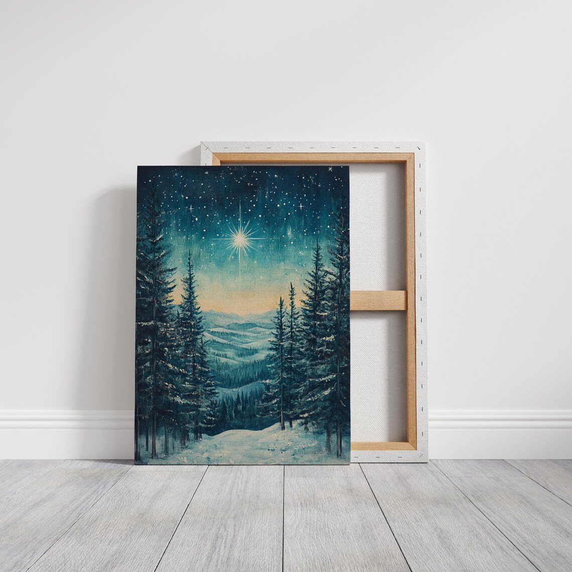 Christmas Star Over Snowy Pine Forest Night Winter Landscape Poster - Image 3