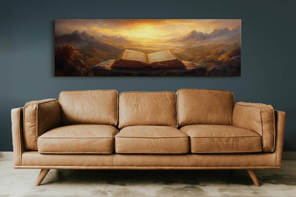 Open Bible On Mountain Cliff Golden Sunrise Christian Art Print - Image 3