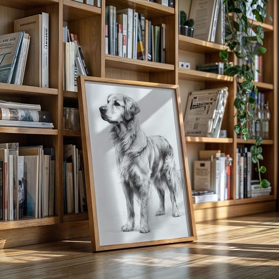 Golden Retriever Canvas Wall Art Detailed Black And White Dog Illustration Pet Lover Gift Elegant Animal Drawing Print For Home Dcor