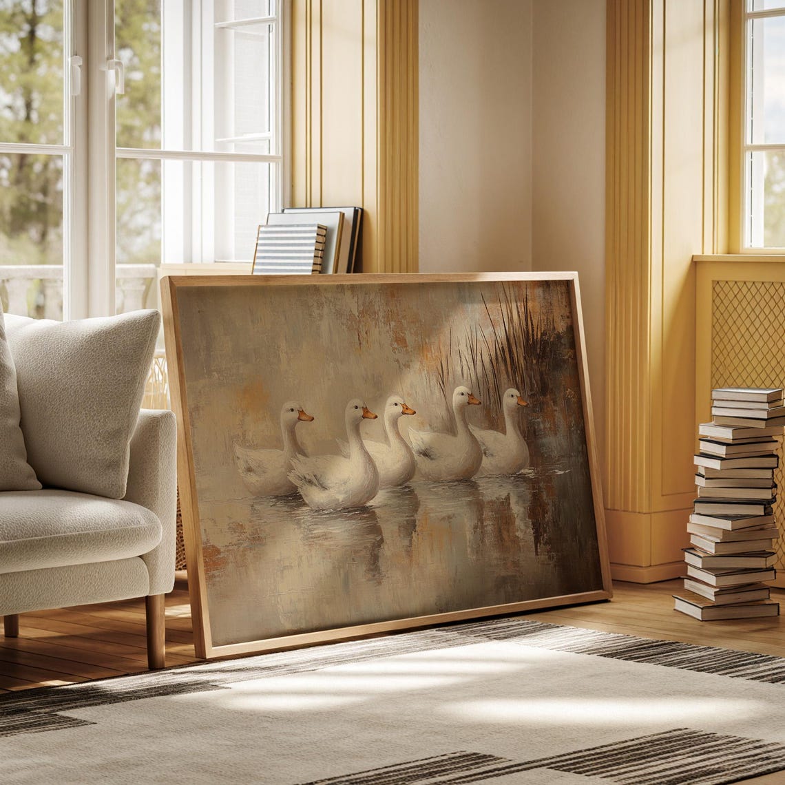 Five White Ducks Swimming On Pond Rustic Waterfowl Oil Painting Poster - Image 4