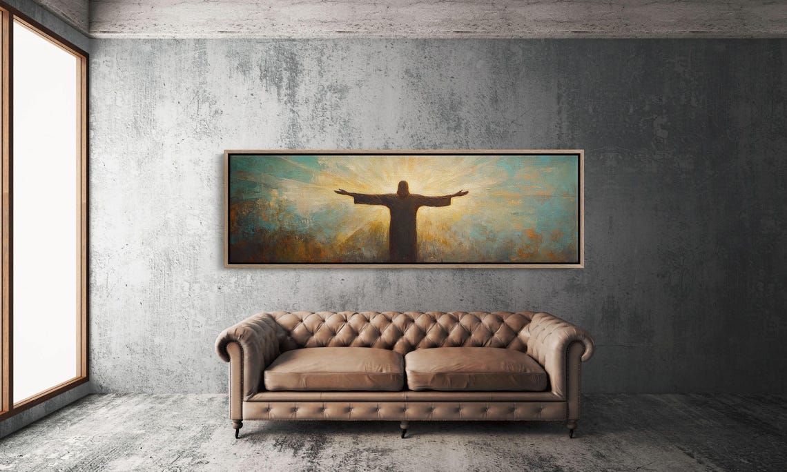Jesus Christ Silhouette Outstretched Arms Radiant Golden Light Poster - Image 3