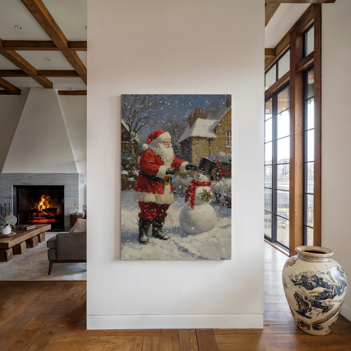 Santa Claus Placing Hat On Snowman Holly Snow Scene Vintage Poster - Image 3