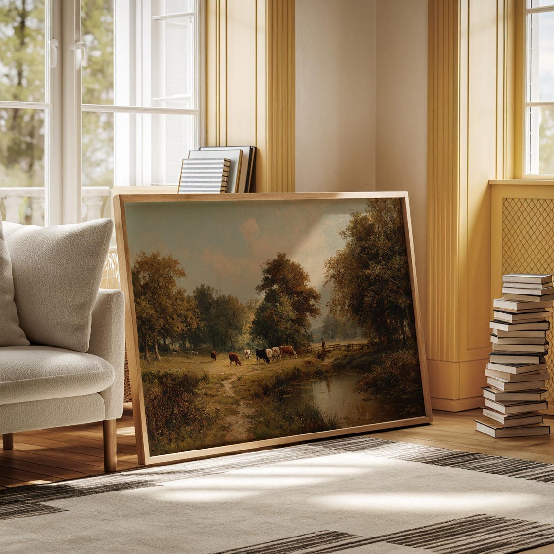 A Pastoral Countryside With Grazing Cows By A Tranquil Stream Poster