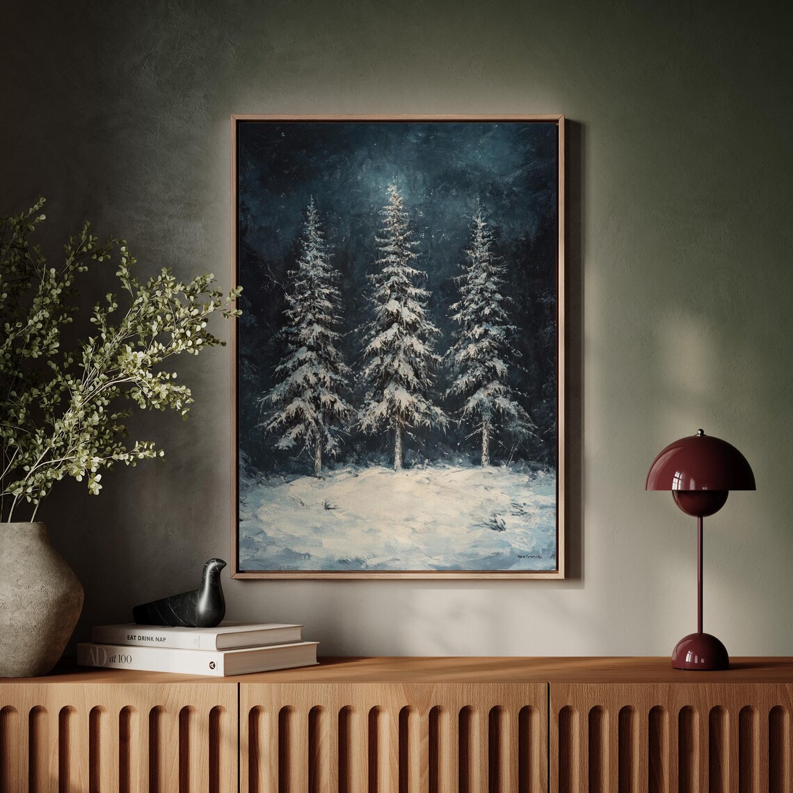 Winter Forest Snow Covered Pines Midnight Blue Night Scene Poster
