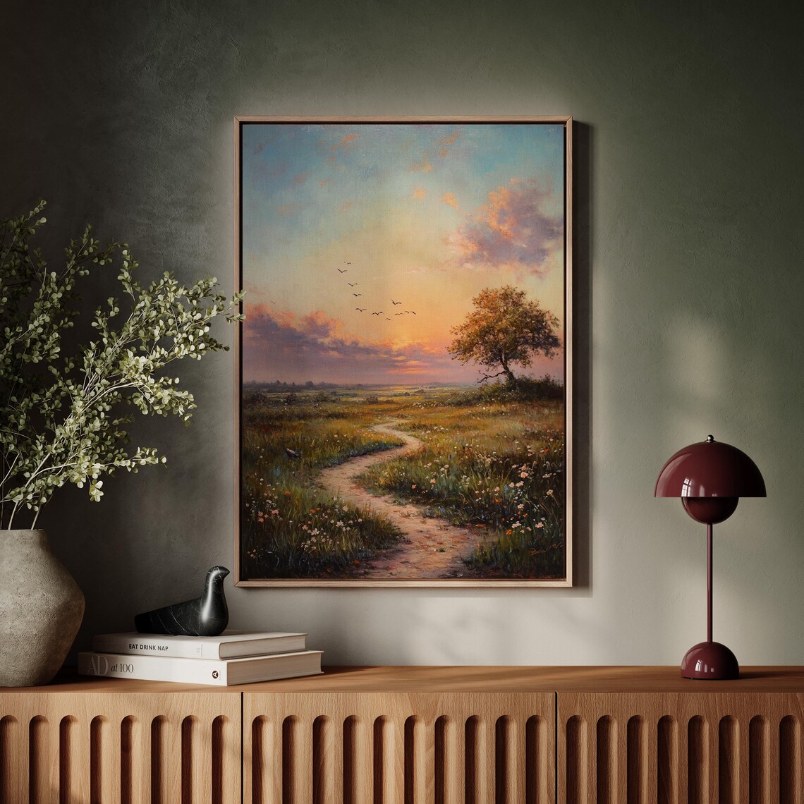 Golden Sunset Pathway With Wildflowers, Landscape Art - Image 6