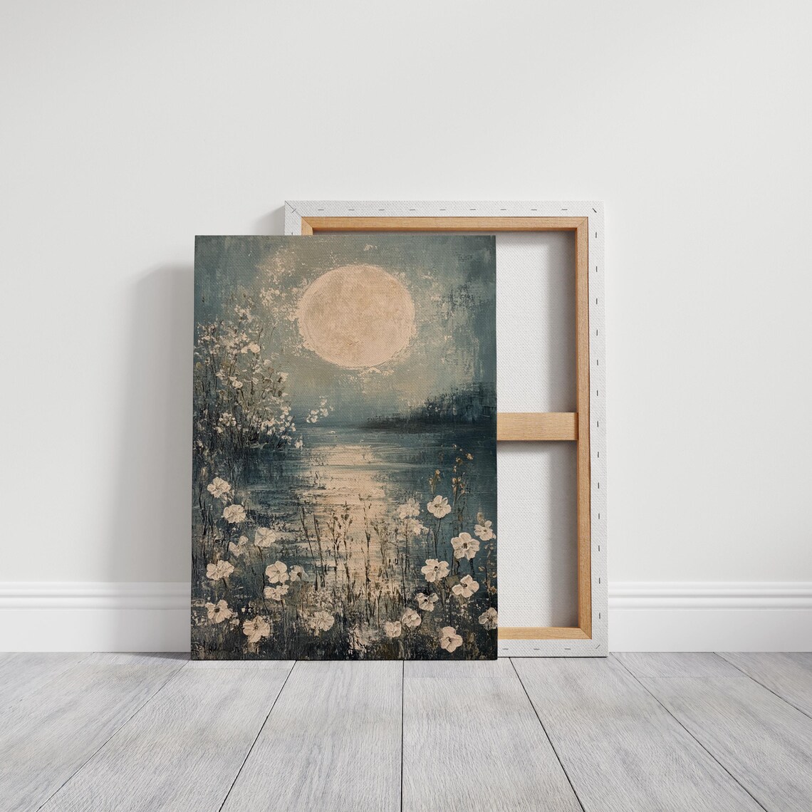 Moonlit Lake Wild White Flowers Full Moon Reflection Serene Poster - Image 3
