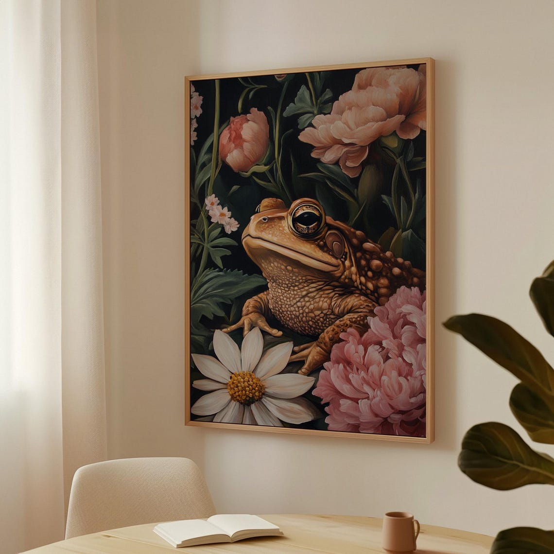 Whimsical Vintage Toad Among Pink Peonies Dark Botanical Poster - Image 4