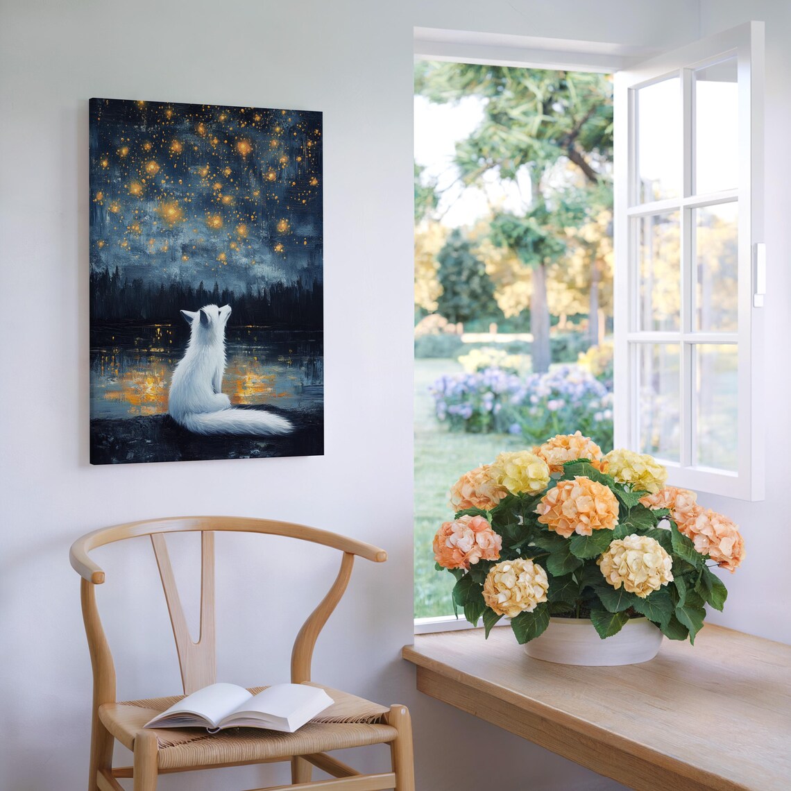 Mystical White Fox Under Golden Stars Art Print - Image 6