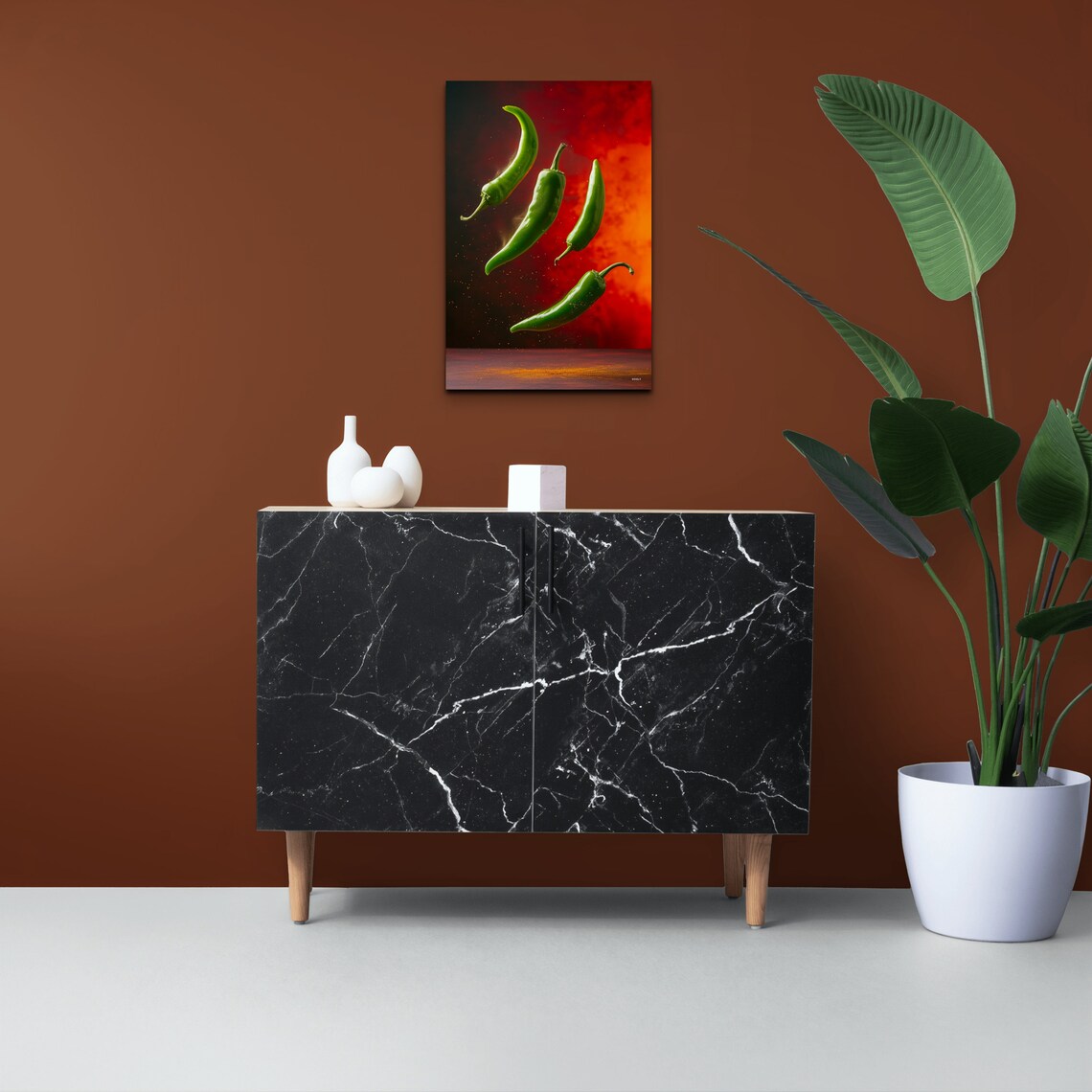 Flying Green Chili Peppers Against a Fiery Red Background Wall Art - Image 4