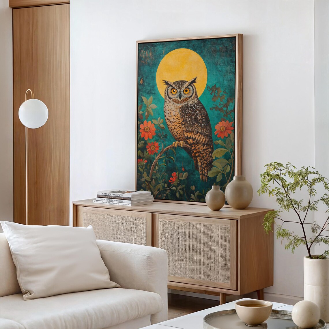 Golden Moonlit Owl Art Print, Vibrant Floral Decor - Image 5