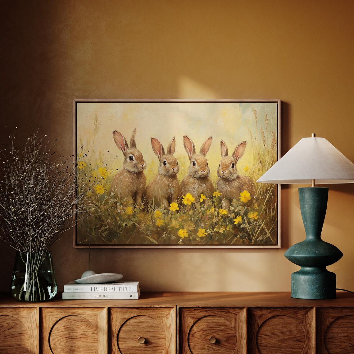 Adorable Rabbits In Meadow, Rustic Spring Art