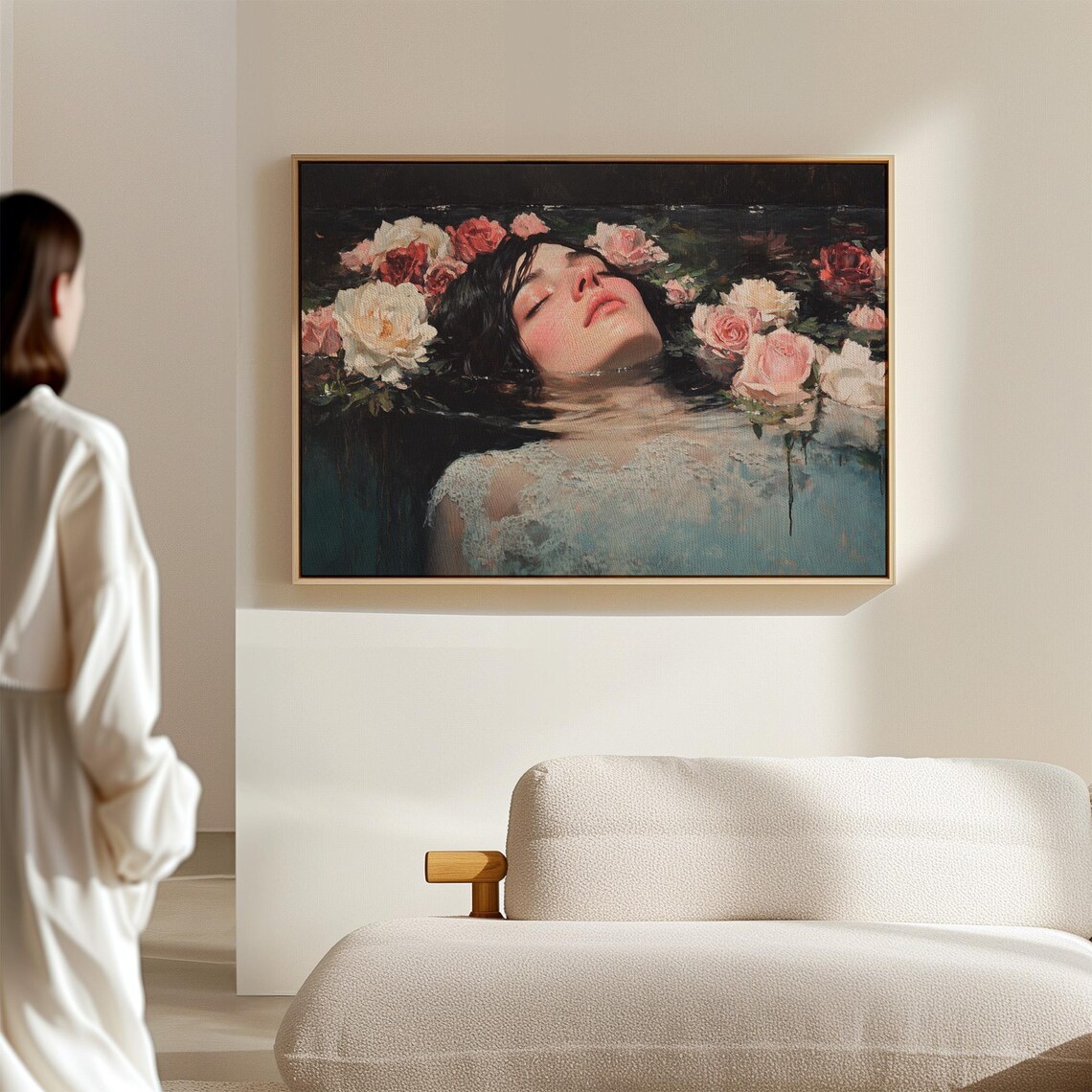 Serene Woman Floating Among Roses in Dark Still Water Art Poster - Image 4