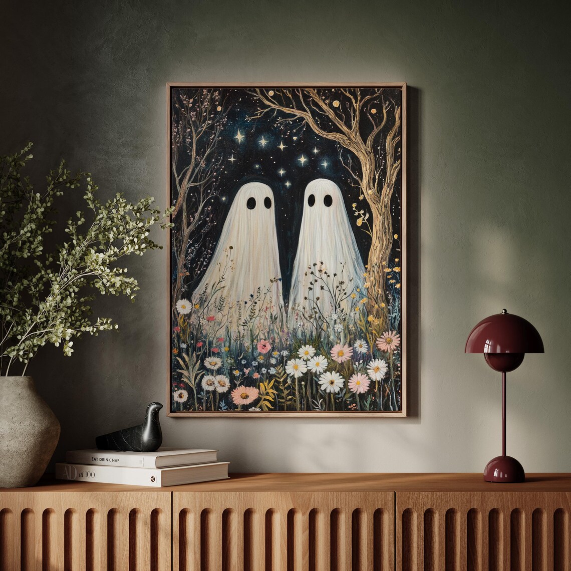 Two Ghosts Under Starry Night, Whimsical Fantasy Art Print - Image 4