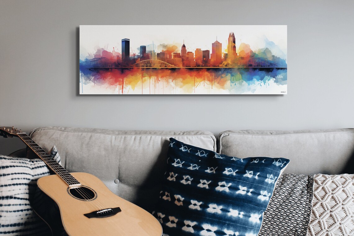 Pittsburgh Skyline Watercolor Poster With Colorful River Reflections - Image 2