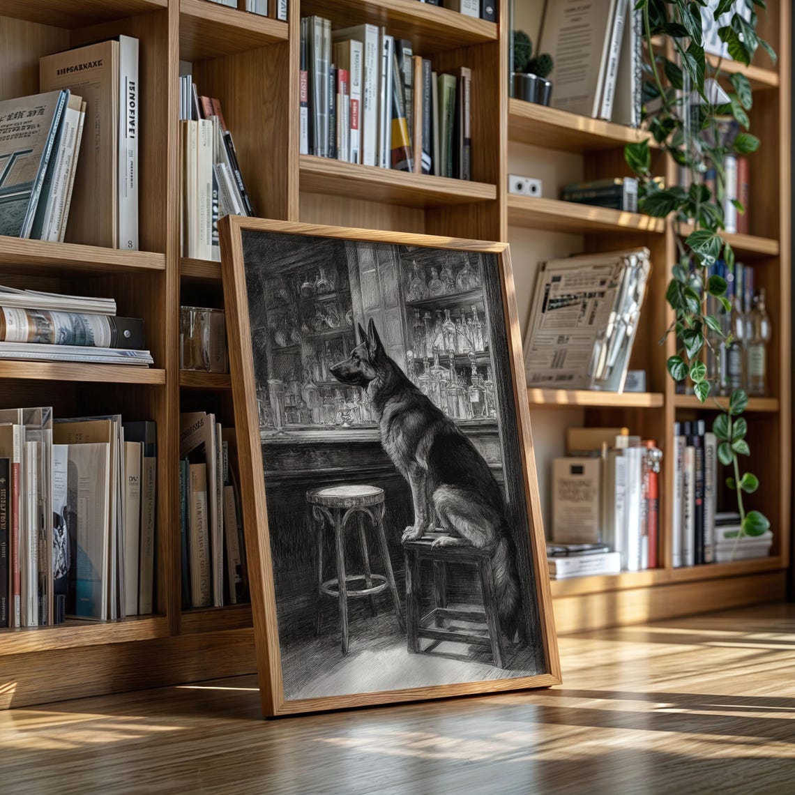 German Shepherd Sitting On Bar Stool Charcoal Sketch Art Poster