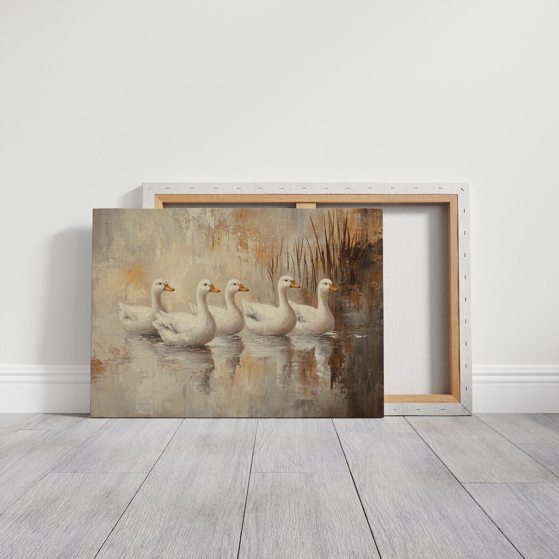Five White Ducks Swimming On Pond Rustic Waterfowl Oil Painting Poster - Image 5