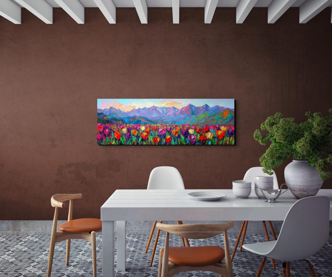 Colorful Tulip Field Mountain Sunset Panoramic Impasto Art Poster - Image 3