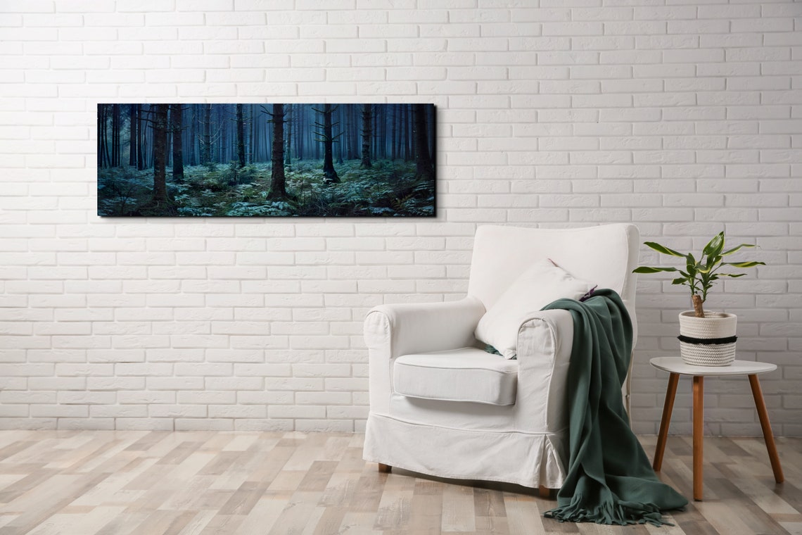 Misty Blue Pine Forest at Dusk Panoramic Nature Landscape Poster - Image 4