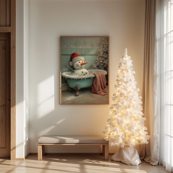 Funny Snowman In Bathtub Canvas Wall Art Quirky Winter Holiday Dcor Vintage Clawfoot Tub Christmas Artwork Festive Whimsical Print