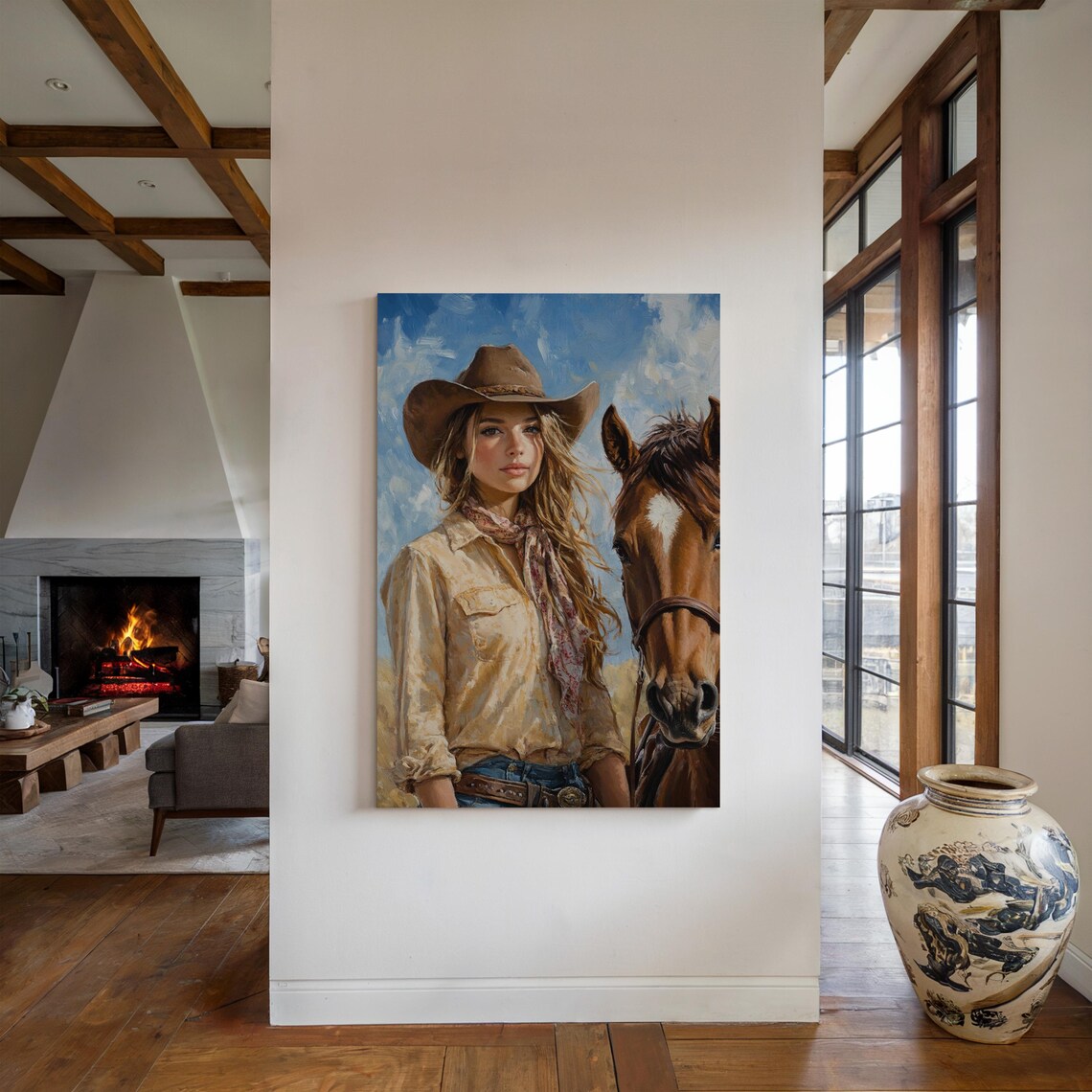 Intimate Close-Up Portrait of a Cowgirl with Her Horse Wall Art - Image 5