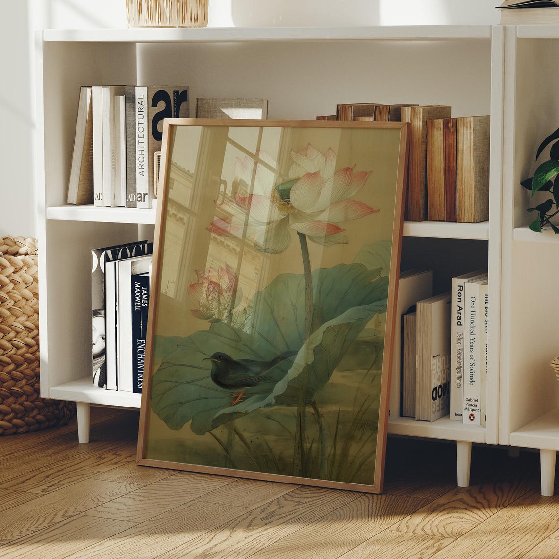 Flower and Bird Tranquil Vintage Lotus Leaf Asian Botanical Poster