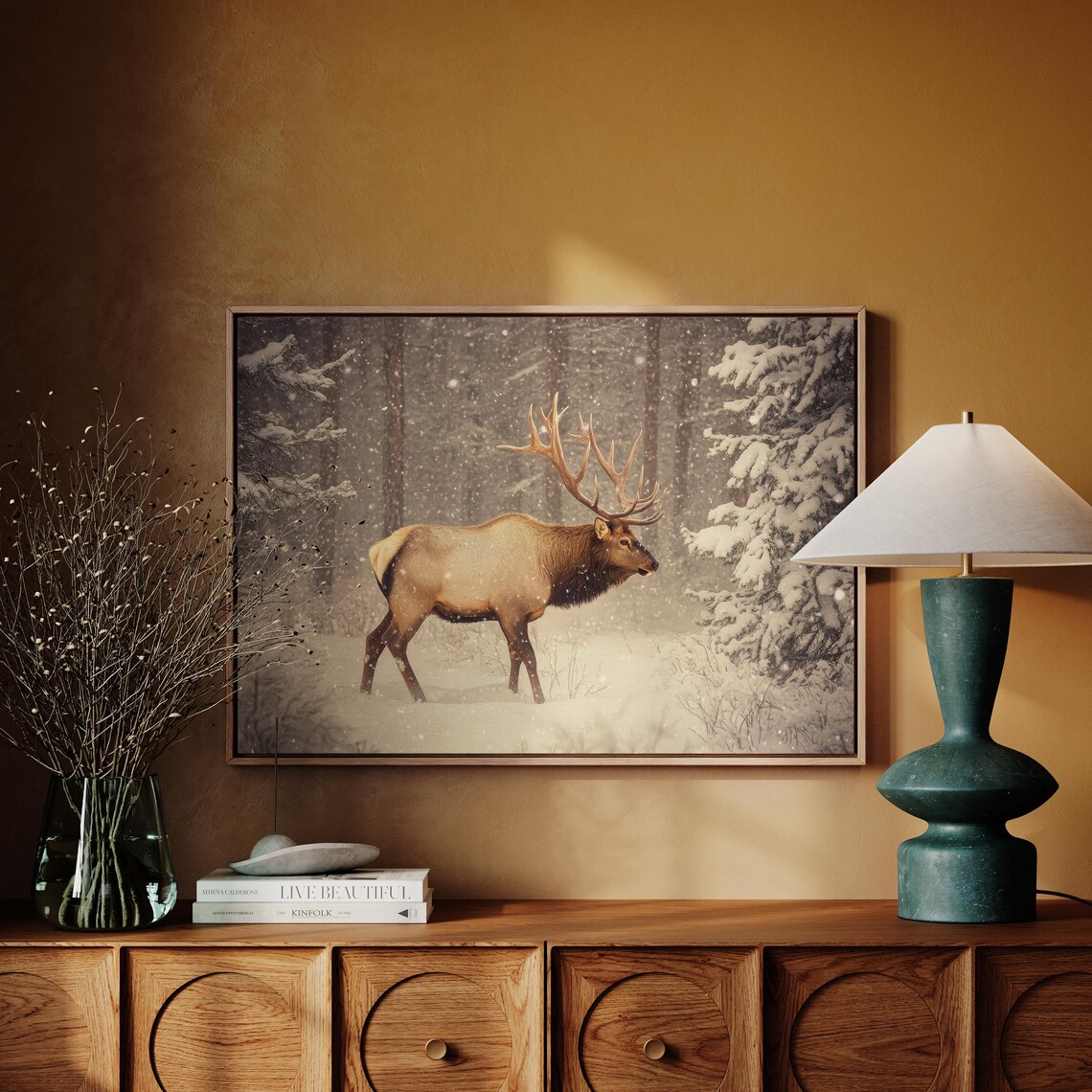 Bull Elk Walking Through A Snowy Forest In Falling Snow Winter Poster - Image 3
