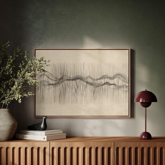 Minimalist Line Art Canvas Abstract Black Ink Wave Flow Drawing On Beige Background Modern Geometric Wall For Contemporary Home Decor