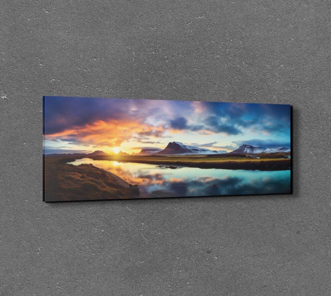 Sunset River Valley Beneath Mountain Peaks Panoramic Art Poster - Image 5