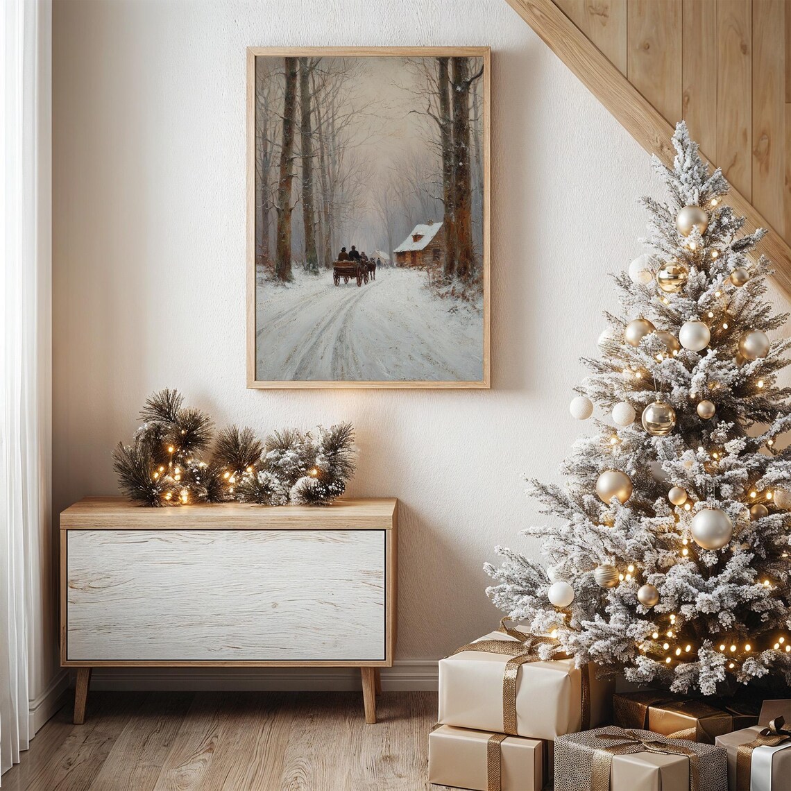 Horse Drawn Sleigh Ride Through Snowy Winter Forest Painting Poster