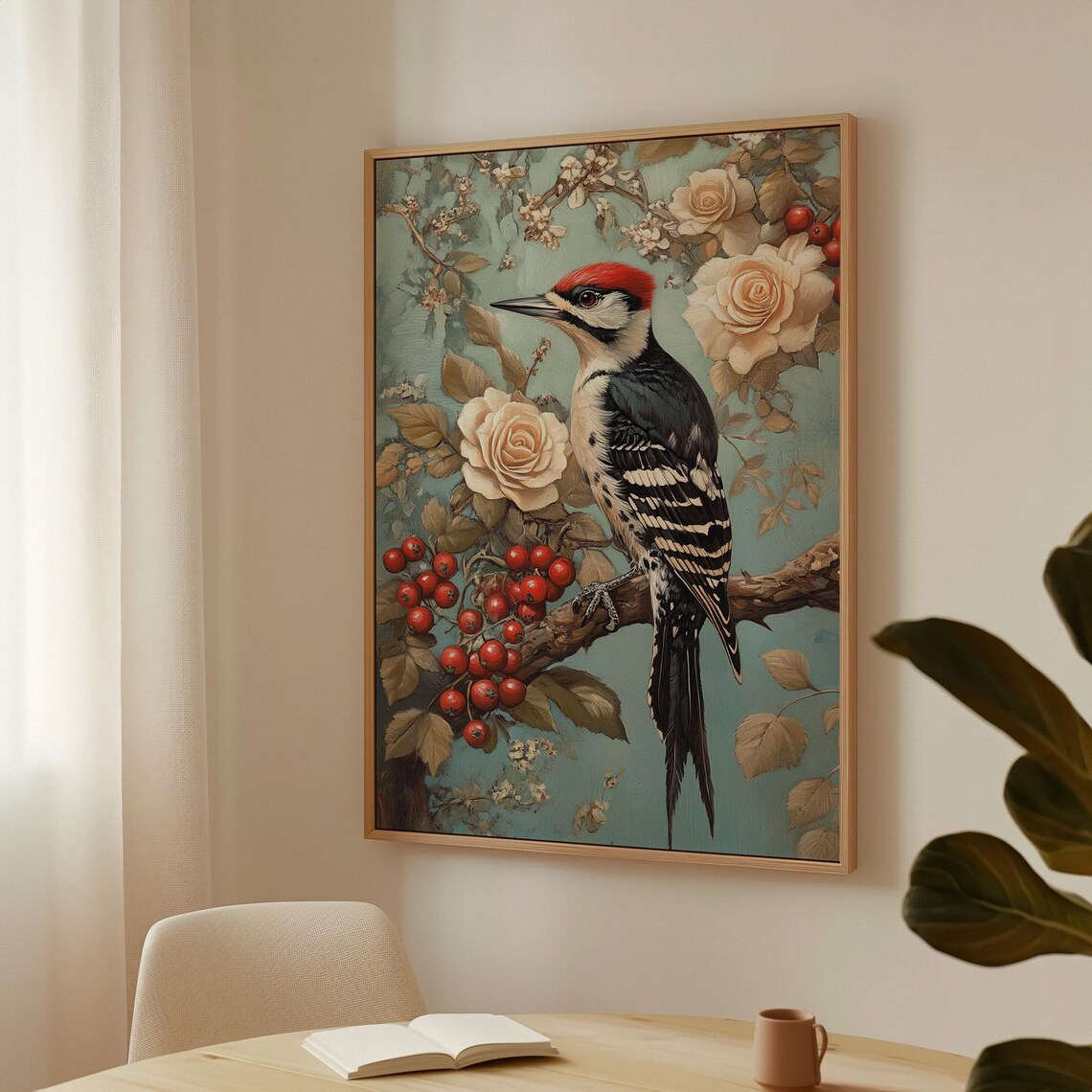 Woodpecker Vintage Nature Bird Painting Roses Berries Teal Poster - Image 4