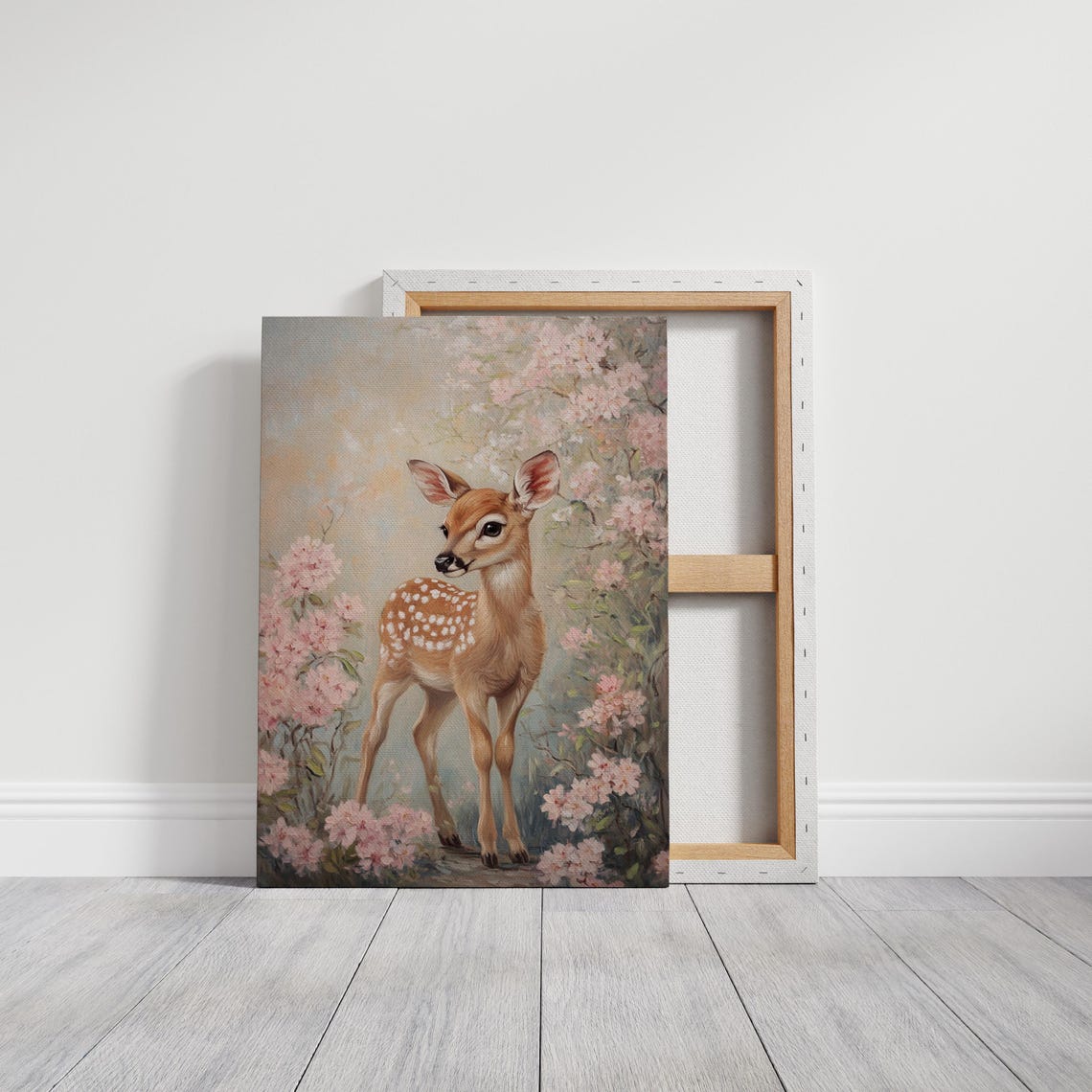Spotted Fawn Standing Pink Blossom Branches Vintage Woodland Poster - Image 3