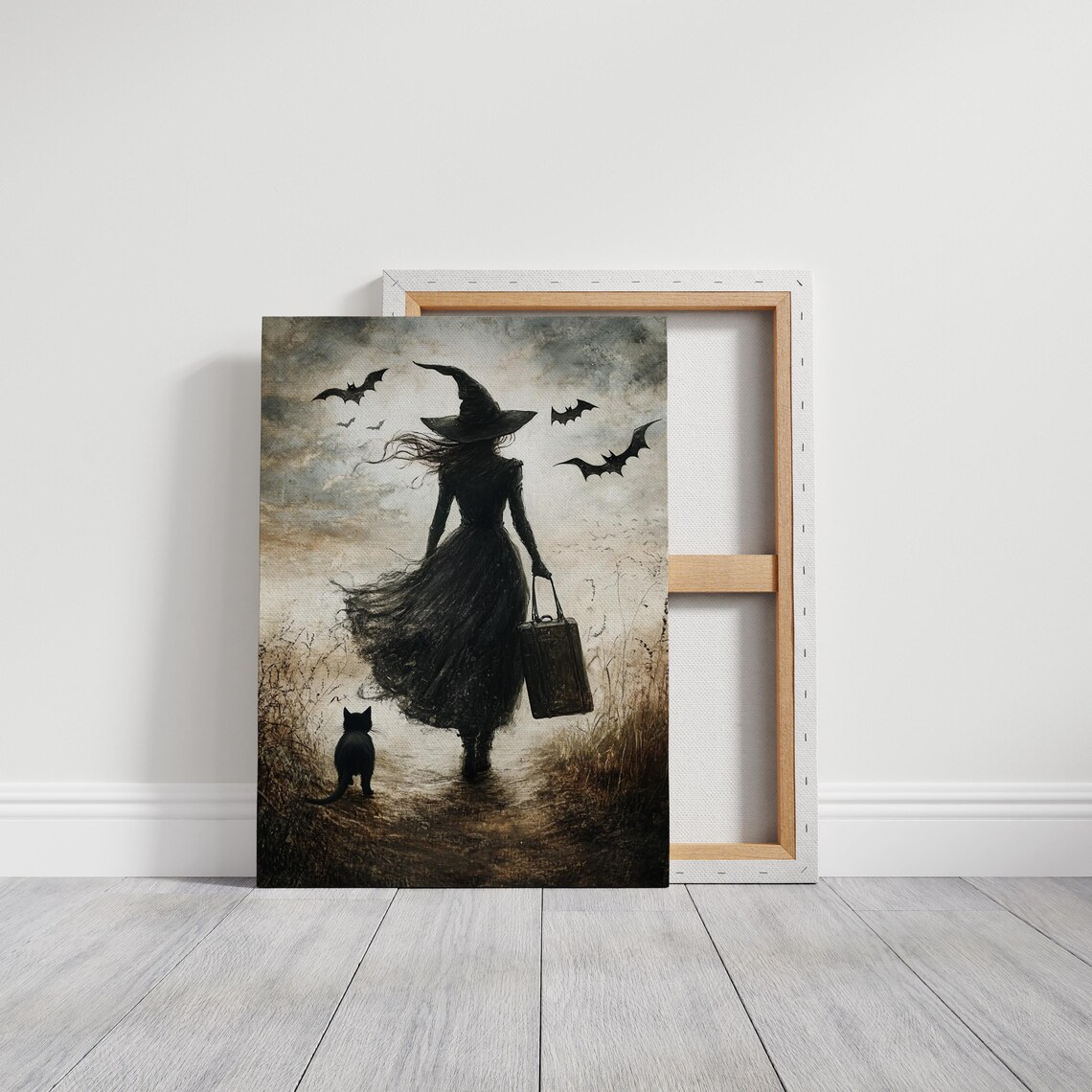 Witch With Black Cat And Bats, Gothic Halloween Art Print - Image 3