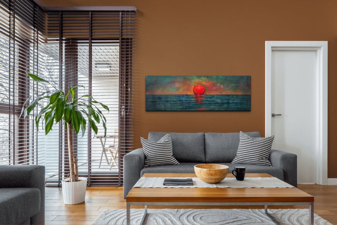 Big Red Sun Over Teal Ocean Textured Abstract Seascape Poster - Image 6