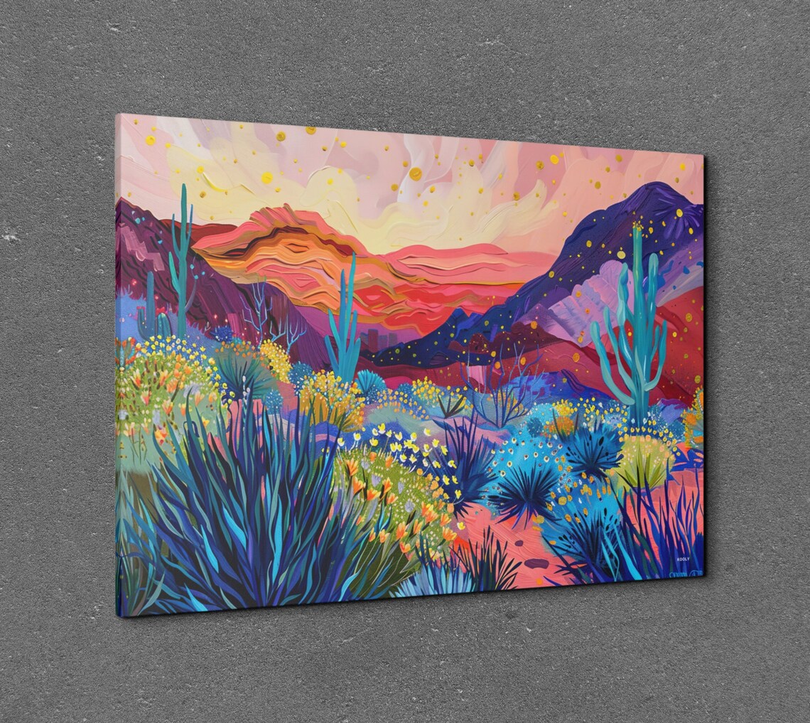 Neon Desert Sunset With Blue Agave and Red Mountains Wall Art - Image 2