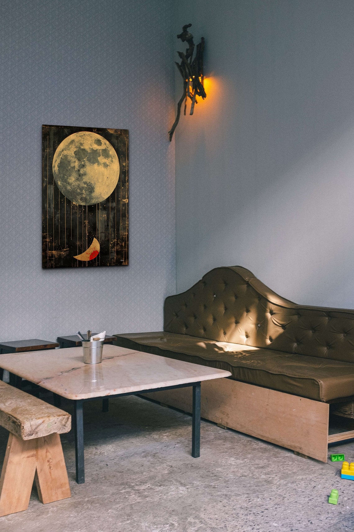 Golden Full Moon and Crescent Mid Century Modern Night Poster - Image 4