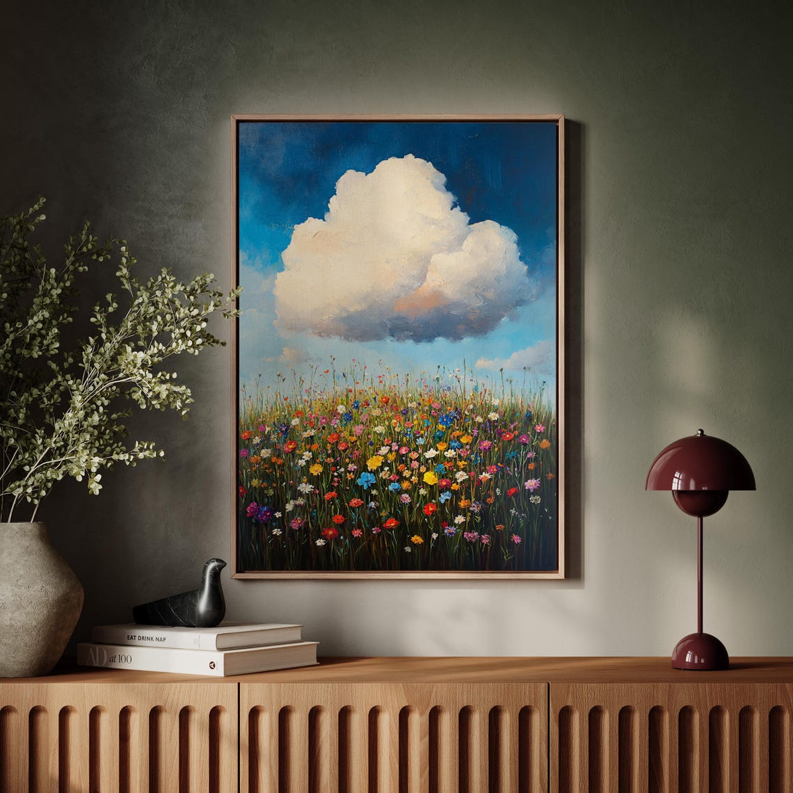 Vibrant Wildflower Field Under Bright Cloud Dramatic Sky Art Poster