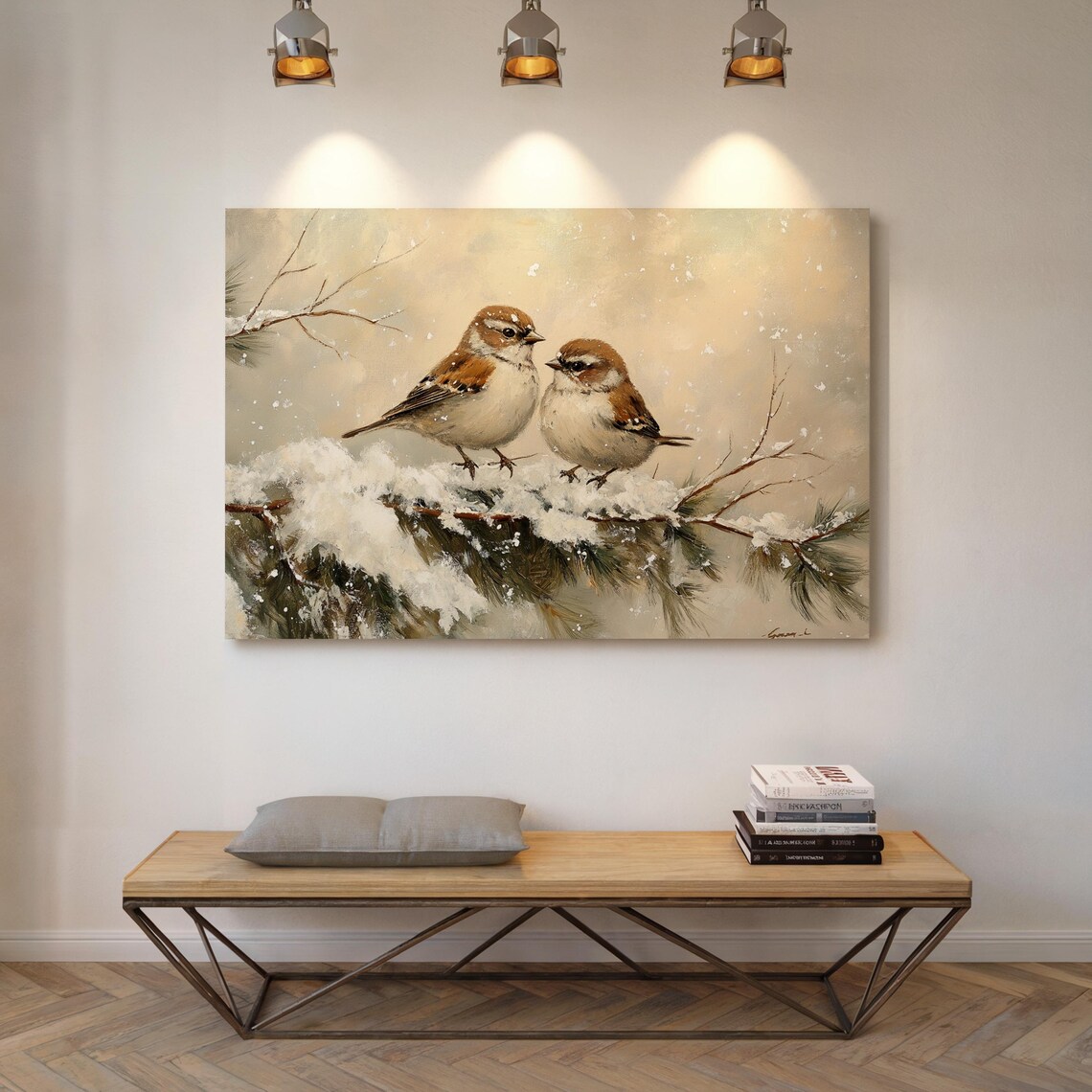 Winter Birds Art Print, Two Sparrows on Pine Branch - Image 5