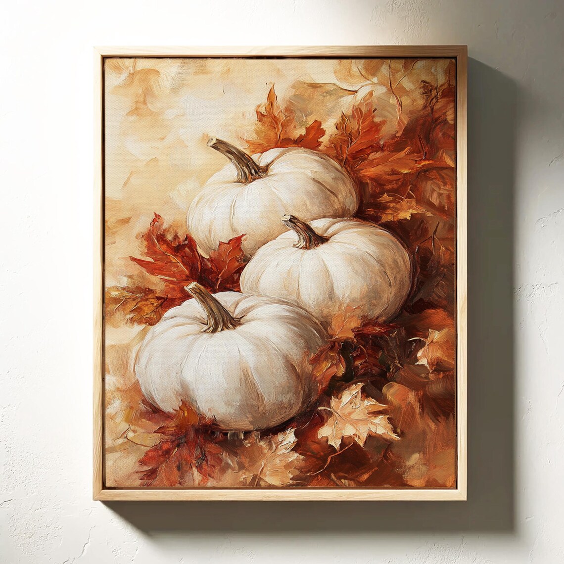 White Pumpkins With Autumn Leaves Warm Fall Still Life Poster - Image 3