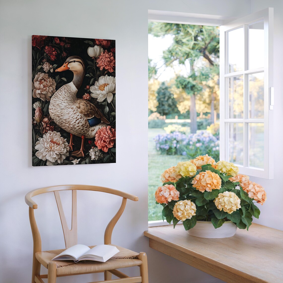 Standing Duck in Profile Among Blush Peonies Dark Floral Poster - Image 6