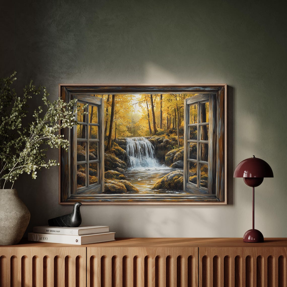 Rustic Open Window View Waterfall Autumn Woods Cozy Scene Poster