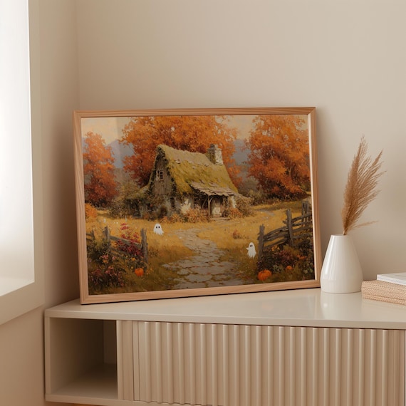Haunted Autumn Cottage Canvas Wall Art Rustic Halloween House With Pumpkins Ghosts And Fall Foliage Spooky Farmhouse Holiday Decor