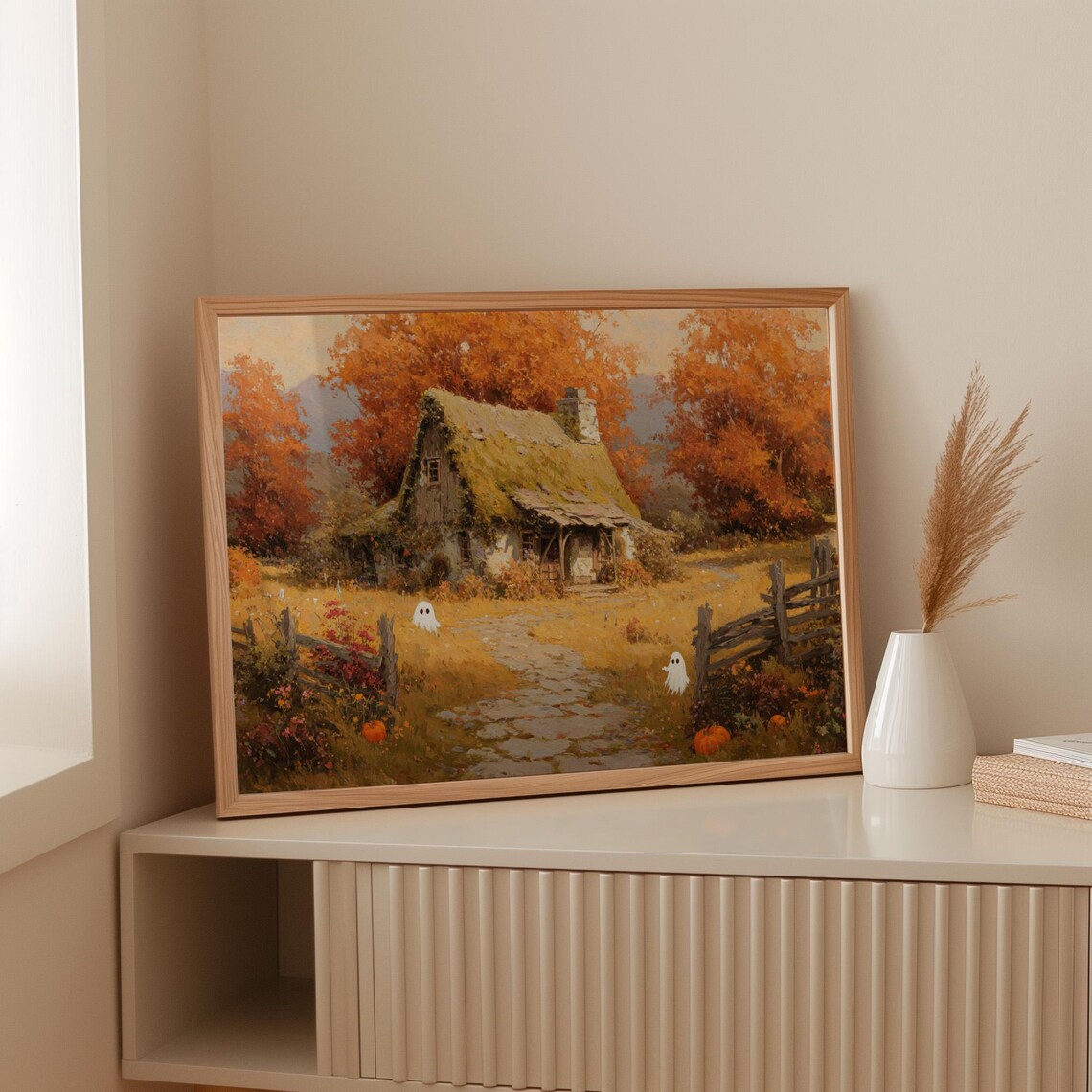 Haunted Autumn Cottage With Pumpkins And Little Ghosts Poster