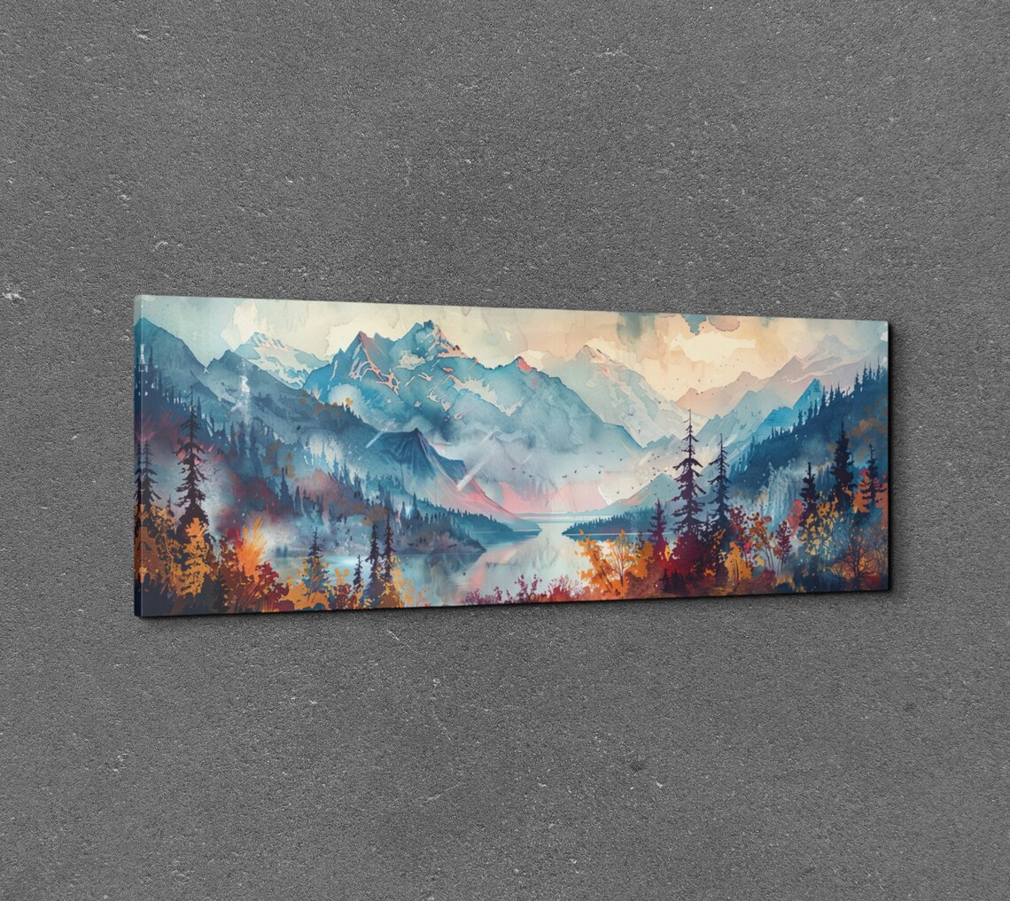 Alpine Lake Mountains Colorful Watercolor Autumn Pines Poster - Image 3