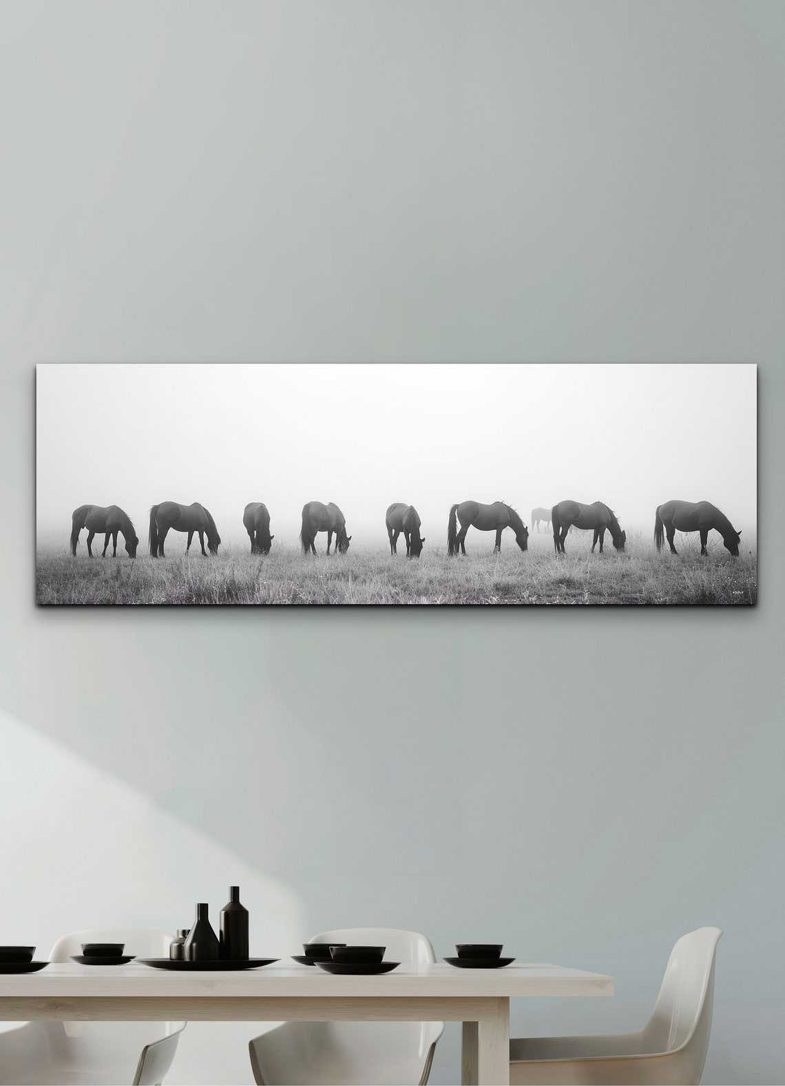 Black And White Horses Grazing In Mist Panoramic Wild Herd Poster - Image 7