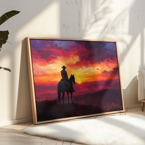 Cowboy At Sunset Art Western Landscape Wall Decor Rustic Prairie Scene Vibrant Sky Poster