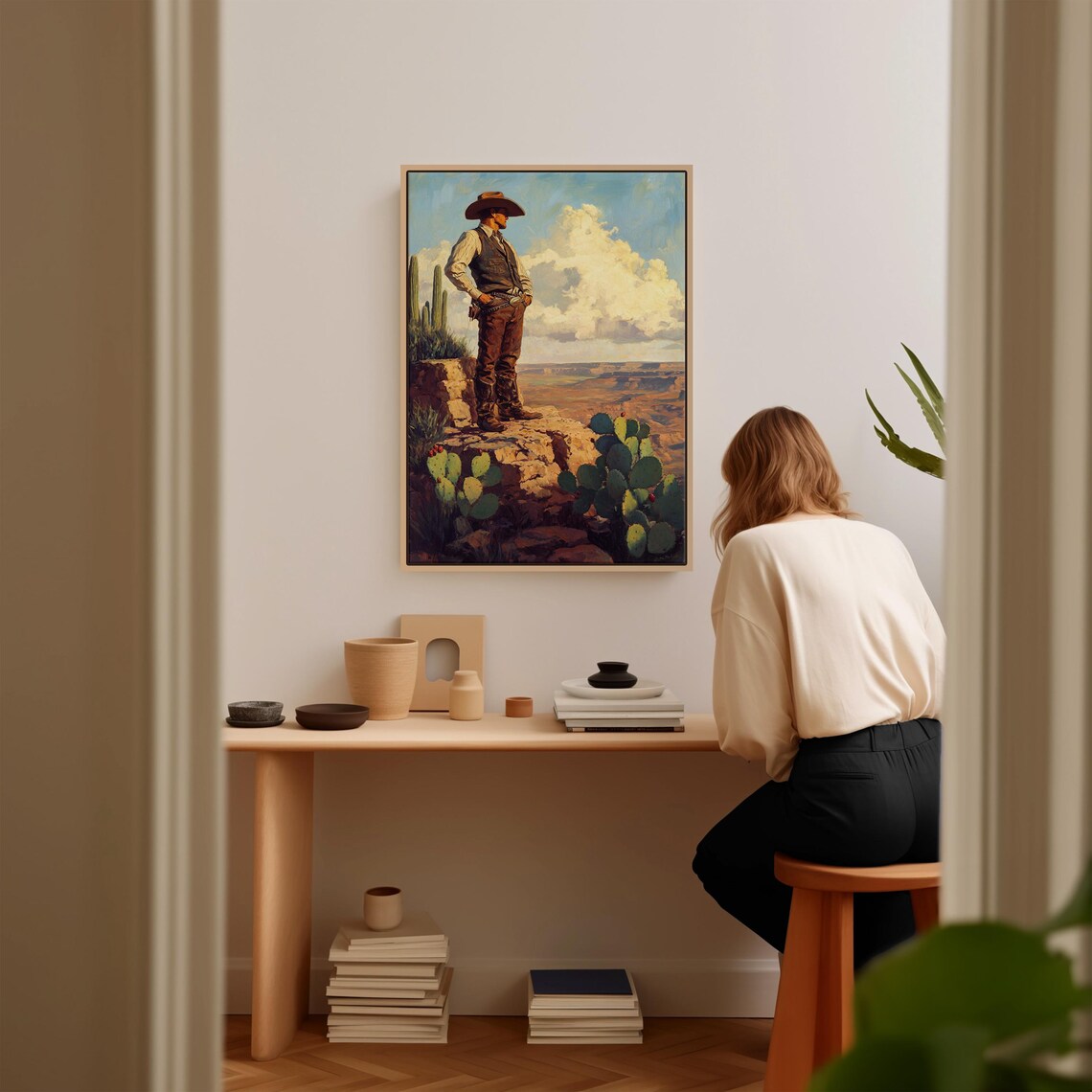 Tall Cowboy Standing On A Cliff Edge Over Desert Valley Poster - Image 5