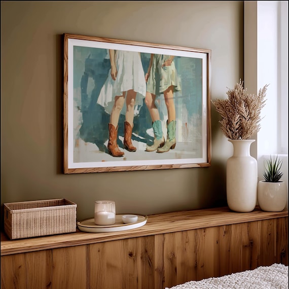Cowgirls In Summer Dresses And Western Boots Painterly Western Wall Art