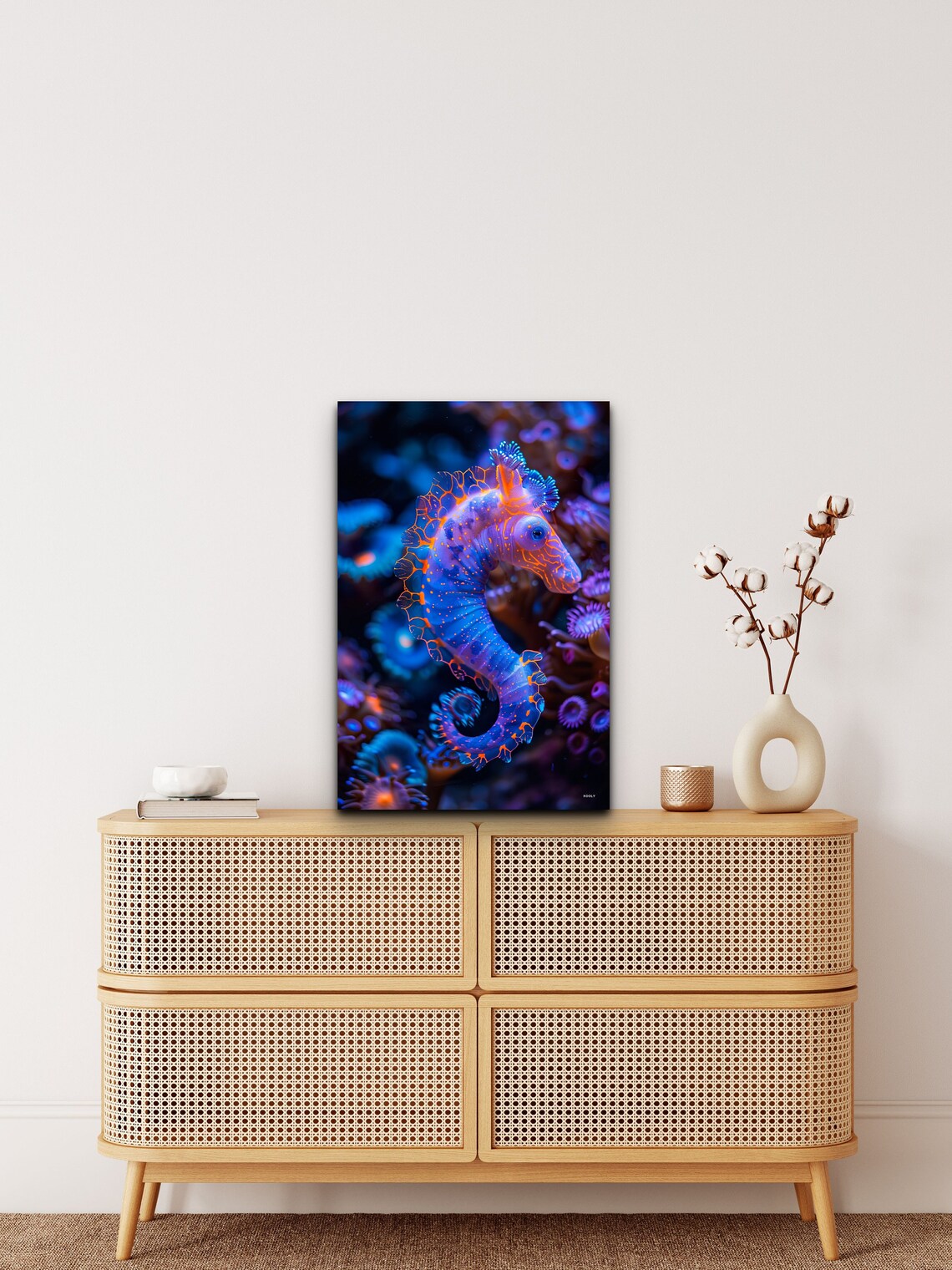 Glowing Seahorse In Coral Reef Neon Blue Orange Underwater Wall Art - Image 4