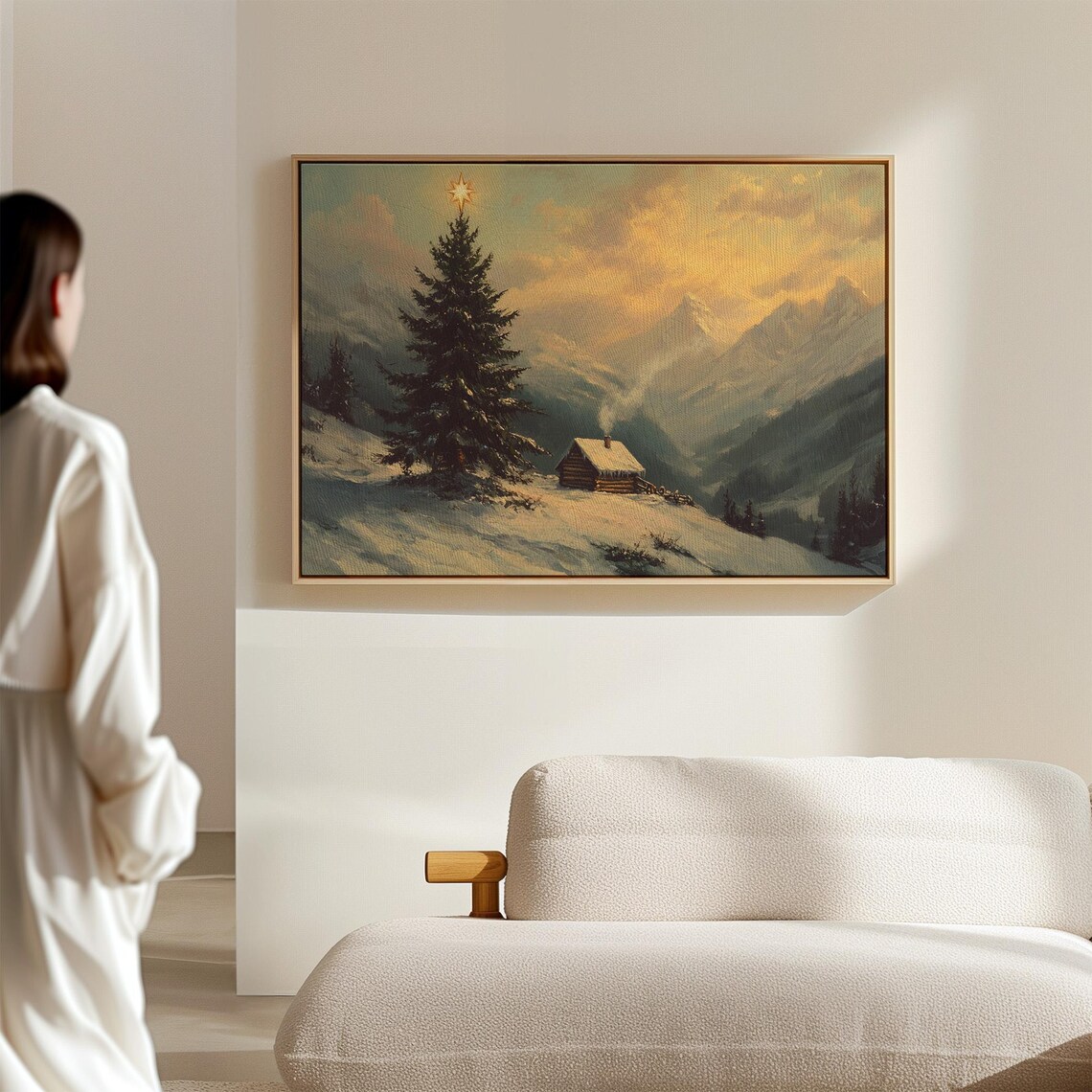Rustic Christmas Cabin, Snowy Mountain Sunset - Image 5