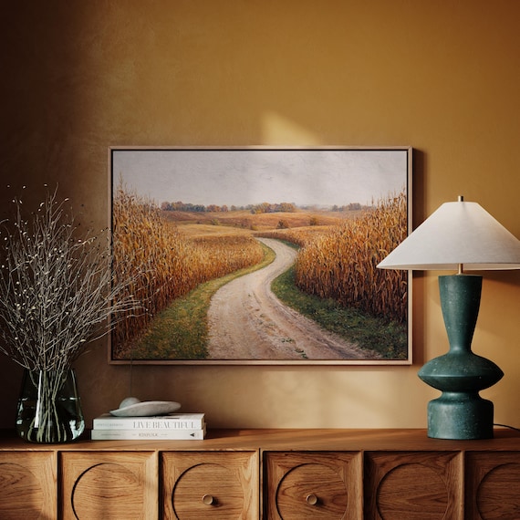 Autumn Cornfield Country Road Golden Harvest Painting Wall Print
